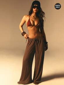 Athîral 女士度假休闲纯色阔腿裤 - 咖啡棕 - 查看 4