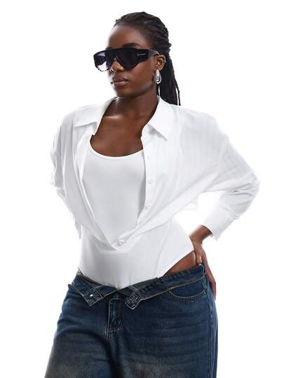 CovetEZ Plus Size Women Solid Color Casual Versatile Bodysuit For Daily Wear