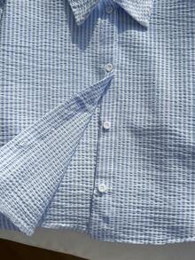 Comfortcana 大码女式条纹落肩单排扣休闲宽松衬衫 - 淺藍色 - 查看 5