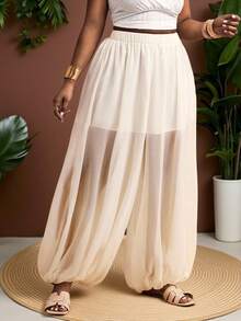 Truni 大码女式宽松灯笼裤，适合度假、下午茶、海滩巡游、城市自驾游、波西米亚风度假、音乐节、海滩、复活节、优雅度假装、音乐会、热带度假装、波西米亚风、春夏秋季假日白色薄纱裤沙滩波西米亚风裤薄纱阔腿裤宽松白色裤子薄纱裙裤宽松透视裤薄纱长裤，适合梨形和三角形身材网纱裤泳装罩衫薄纱裙阔腿裤女式高腰夏季裤泳装裤 - 杏色 - 查看 8