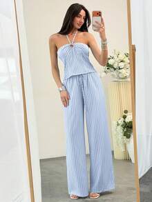 Aloruh 女士新款休闲条纹吊带背心和阔腿裤套装，海岛度假/夏季穿搭，露背性感短款上衣和裤子套装，蓝色条纹套装女士长裤套装，女士两件套，夏季休闲两件套，条纹两件套，挂脖两件套，女士夏季服装，夏季度假服装套装 - 藍色 - 查看 4