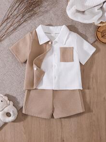 Vintaside Kids Baby Boy Decorated Patch Pocket Lapel Short Sleeve Cardigan And Shorts Set - Khaki - View 1