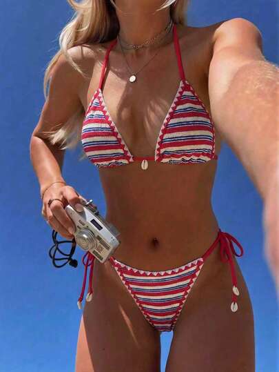 Swim Mod 2026SS New Women's Swimwear Arrival For Holiday, Date, Western, Cruise, Beach, Island, Road Trip, All Seasons, Music Festival, Boho Vacation,Bohemian Vacation, Chill Autumn Boho Y2K Pleated Shorts, Elegant Vintage Casual Yellow, White & Blue Striped Cute Retro Casual Beach Vacation Swimwear Top For Women