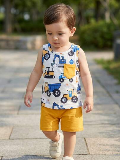 SHEIN Playful Pals Baby Boy Cartoon Dinosaur Print Sleeveless Vest + Solid Green Shorts Set, Lively & Cute Style, Suitable For Outdoor Adventure, Comfortable Home Wear, And Happy Party Time