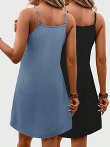 SHEIN LUNE 女士休闲纯色无袖吊带背心和迷你连衣裙两件套，春夏日常基础款吊带连衣裙，女士夏季休闲连衣裙，休闲吊带裙，女士夏季连衣裙，女士休闲连衣裙，女士吊带裙，度假装，女士连衣裙，夏季休闲连衣裙 - 彩色 - 查看 2