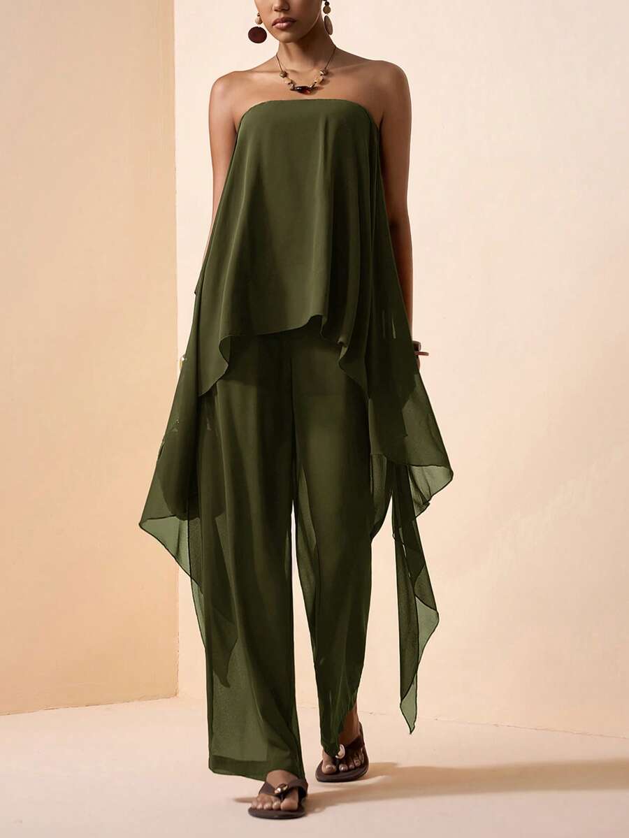 Zivah 2026春夏新款音乐节、复活节、圣帕特里克节、情人节、约会、西部风、游牧风、生日派对、毕业典礼、学院风、学生装、日常穿着、百搭基础款、休闲装、度假、邮轮旅行、海滩、日光浴、热门单品、街头风、婚礼宾客波西米亚风、通勤、早午餐、机场、派对、假日郊游、办公室穿着雪纺荷叶边无袖上衣和裤子棕色套装两件套飘逸两件套无肩带上衣和裤子女士裤装套装工作服