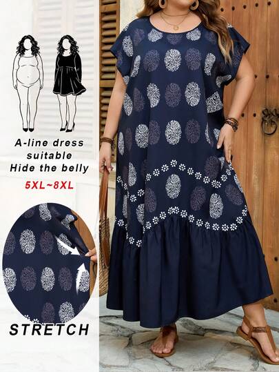 SHEIN CURVE+ Vestido casual de mujer de talla grande US22 con cuello redondo, manga corta y estampado bohemio, ideal para festivales de música y vacaciones en la playa