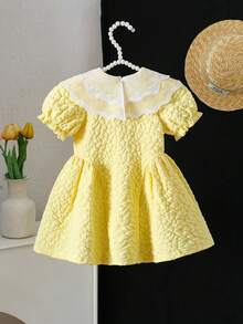 SHEIN Elladie kids Baby Girl Contrast Mesh Embroidery Design Short Puff Sleeve Cute Dress - Yellow - View 2