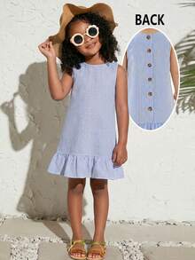 女宝宝夏季度假休闲可爱条纹荷叶边无袖连衣裙 - 藍色 - 查看 2