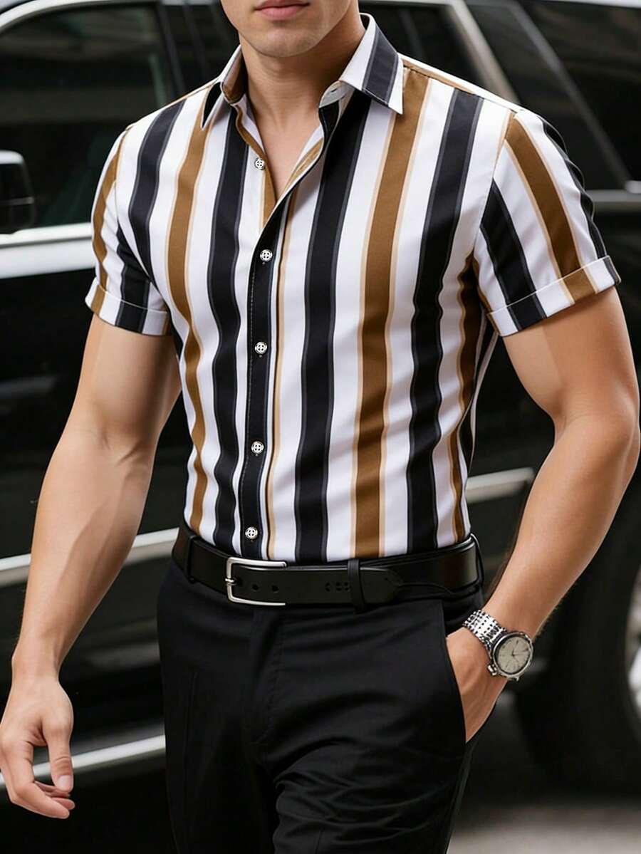 Manfinity Homme Áo sơ mi nam cổ ngắn họa tiết sọc thường ngày, thích hợp để đi chơi - Nhiều màu - Xem 1