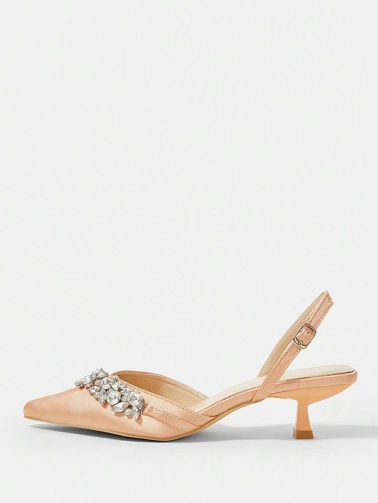 CUCCOO HITCHD Women's Shoes Spring And Summer New Pointed Kitten Heel Short Heel Rhinestone Chain V-Shaped Shoe Mouth Orange Pink Satin Women's High Heel Shoes Slingbacks Bridal Shoes Wedding Dinner Party