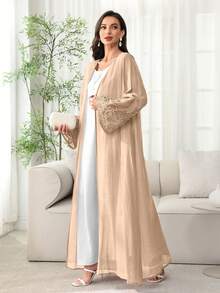 SHEIN Najma 春夏轻薄开襟长袍，袖口和下摆饰有刺绣花卉饰边 - 橘色 - 查看 4