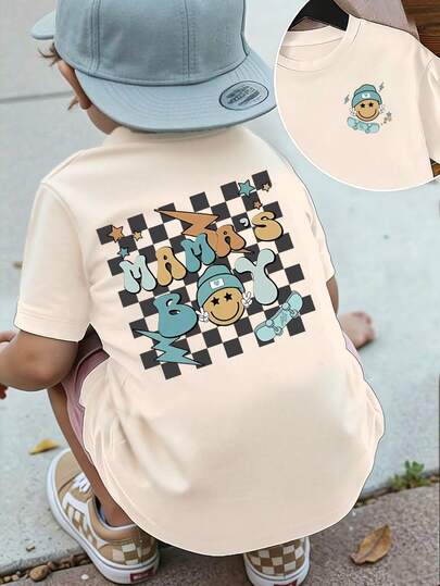 Tops casuales para niños pequeños de primavera y verano, con diseños creativos como cara sonriente, relámpago, estrella, monopatín, cuadros, estampados con letras, camisetas básicas cómodas para uso diario