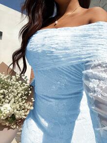 Sunnyshic Vestido de sirena blanco de encaje con hombros descubiertos para mujer de talla grande, ajustado y sexy para primavera/verano - Celeste - Ver 3