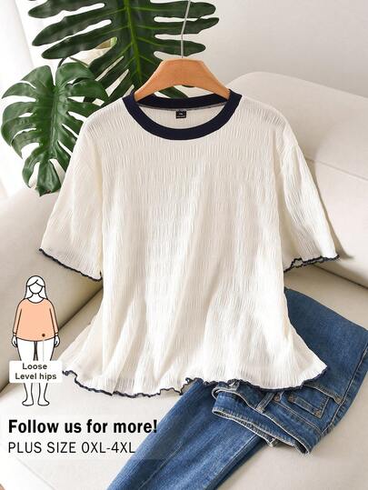 CosyJoli Plus Size Women's French Pleated Round Neck Short Sleeve Casual T-Shirt