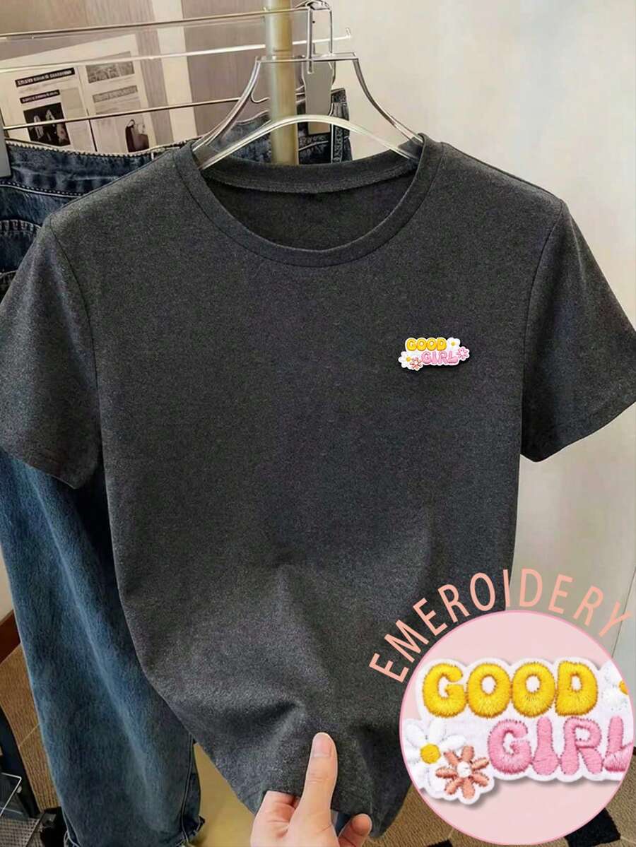 Resyla GOOD GIRL Daisy Embroidery Design Women's Round Neck Short Sleeve T-Shirt, Spring/Summer - Dark Grey - View 1