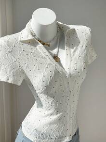 Women's Casual Commuter Shirt, Waist Cinched, Textured Knit Fabric, Polka Dot Wide Leg Jeans Eyelet Blouse Button Up Blouse Eyelet Top Button Up Top - Apricot - View 1