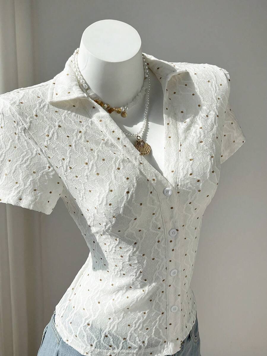 Women's Casual Commuter Shirt, Waist Cinched, Textured Knit Fabric, Polka Dot Wide Leg Jeans Eyelet Blouse Button Up Blouse Eyelet Top Button Up Top - Apricot - View 1