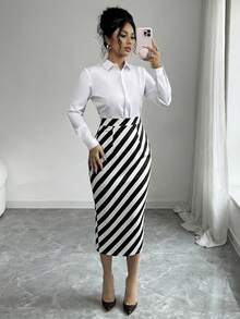 Elenzga 女士条纹百褶休闲百搭约会外出A字裙 - 黑與白 - 查看 3