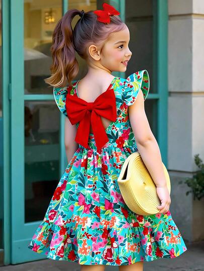 Girls' Elegant Green Floral Print Round Neck Puff Sleeve Hollow Back Bow Tie Waist Ruffle Hem Casual Dress, Suitable For Vacation, Travel, Summer, Valentine's Day