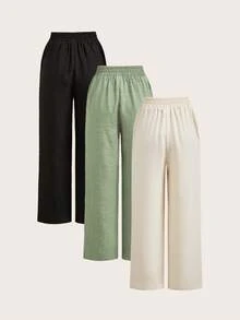 SHEIN Essnce 三件套休闲直筒阔腿裤，女士夏季套装，女士日常穿着 - 彩色 - 查看 2