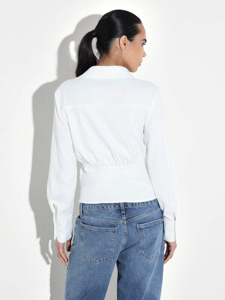 KSTM Women's White Long Sleeve Draped Button Front Collared Blouse Professional Office Wear Classic Shirt