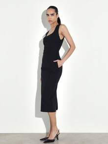 KSTM Women's Sleeveless Square Neck Ruched Midi Bodycon Dress With Side Pockets For Casual Day And Evening Occasions - Black - View 3