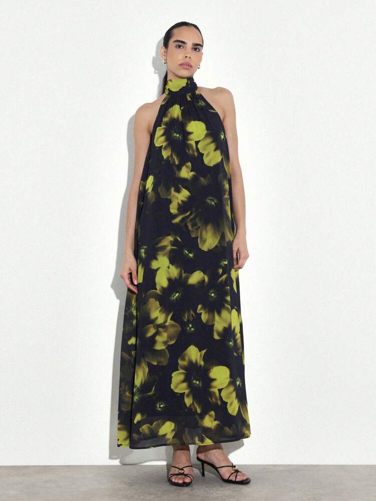 KSTM Women's Floral Halter Neck Sleeveless Maxi Dress With Flowing Chiffon Fabric And Tie Back Detail For Summer Party Evening Occasions