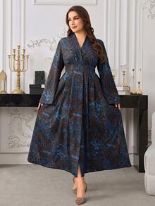 Modelyn Große Größen Elegantes Blumenprint-Kleid mit Taillengürtel für Damen - Blau - Übersicht 4