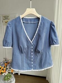 SHEIN EZwear 大码女式蕾丝边休闲短袖衬衫 - 彩色 - 查看 4