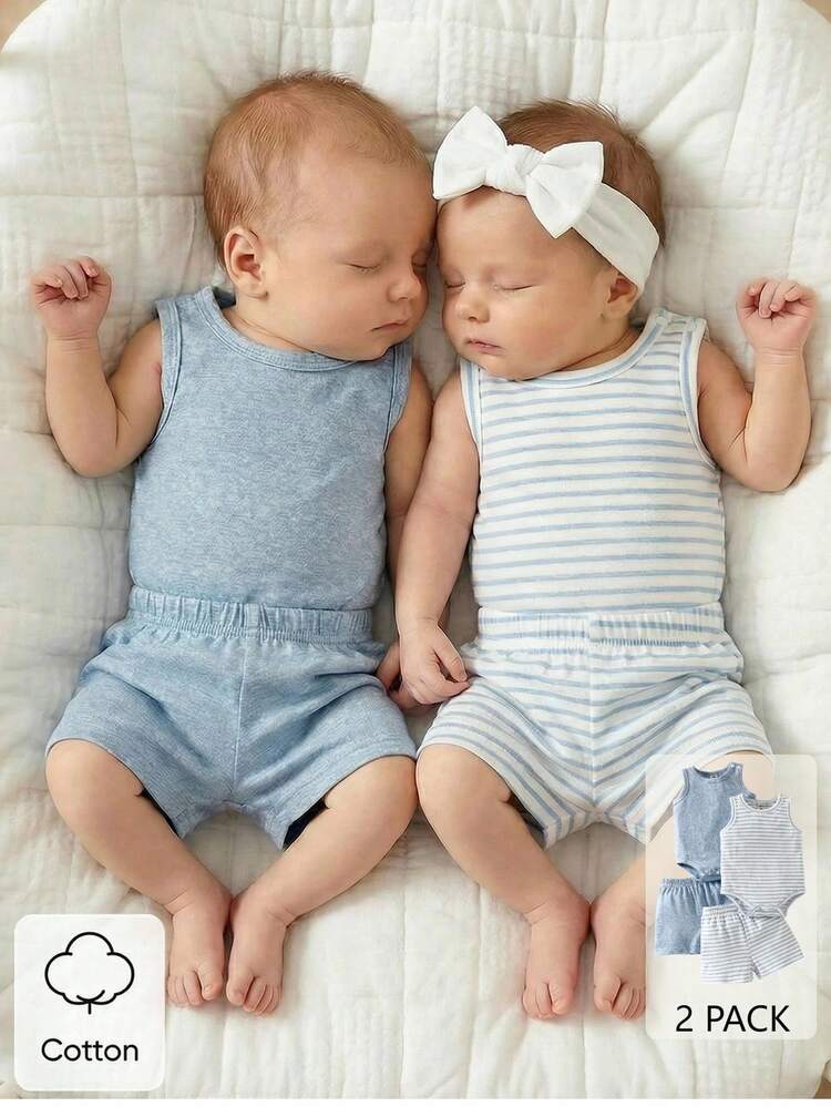 SHEIN 4pcs Newborn Baby Summer Outfit Set, Soft Cotton Blend Striped Short Sleeve Romper & Shorts, Comfortable & Breathable, Suitable For Gatherings, Parties, Outings Newborn Matching Outfit Sibling Matching Outfits Boy And Girl His And Hers Newborn Sets Baby Matching Set Summer Twin Baby Outfits Boy And Girl Toddler And Newborn Matching Outfit Boy Baby Clothes Neutral Baby Clothes Unisex Baby Clothes Cotton Baby Clothes Baby Clothes 2 Pack - Blue - View 11