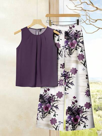 SHEIN Clasi Conjunto de 2 piezas con estampado floral minimalista casual, adecuado para el verano