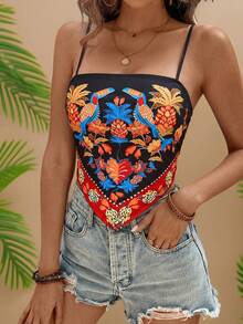 Travachic Áo hai dây nữ in họa tiết lá vẹt, kiểu dáng thường ngày, vạt áo bất đối xứng, thích hợp cho kỳ nghỉ. - màu đen - Xem 4