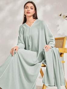 Al Najma Đầm maxi Thổ Nhĩ Kỳ dáng rộng cổ chữ V tay cánh dơi dành cho nữ - Màu xanh Bạc hà - Xem 6