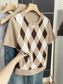 Franclia 新款春夏复古学院风撞色格纹针织套头毛衣（女款） - 杏色 - 查看 4