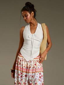 Athîral Women's Casual White Front Tie Asymmetric Hem Halter Neck BacklessTank Top,Daily Wear ,Summer White Tops,Easter ,Music Festival, Summer Holiday Outfits,Women's Casual Top,Outdoor Wear, - White - View 4