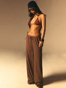 Athîral 女士度假休闲纯色阔腿裤 - 咖啡棕 - 查看 5