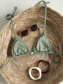 Swim Vcay-D Women's Spring/Summer Jacquard Fabric Beaded Halter Bikini Top - Army Green - View 4