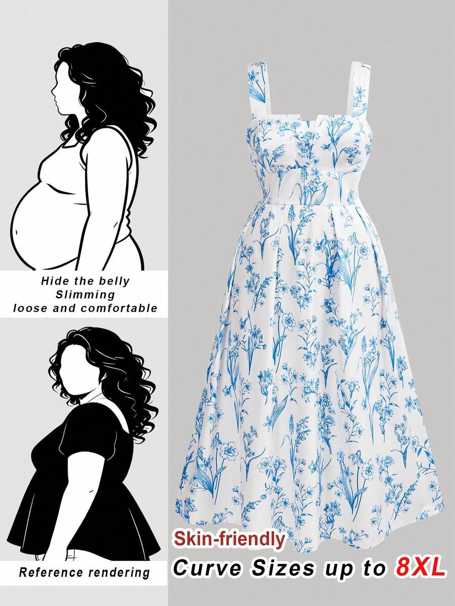 SHEIN CURVE+ Plus Size Apricot Base Black Vintage Print Loose Fit Spaghetti Strap Maxi Dress, Suitable For Vacation, Summer - Blue - View 1