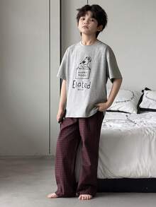 DAZY Tween Boy Dog Print Short Sleeve Top And Plaid Pants Pajama Set - Grey - View 1