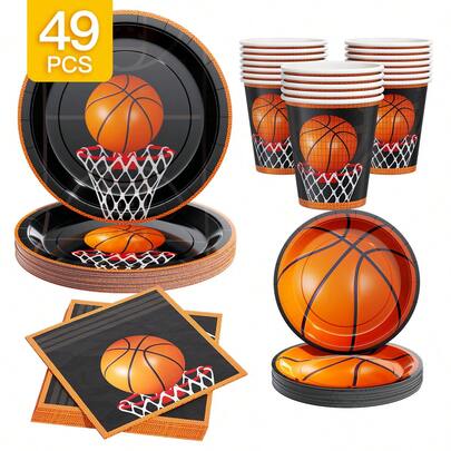 Orange Black Basketball Shadow Disposable Plates, Napkins And Cups Set, Serves 8 Guests. This Disposable Party Supplies Set (Including Plates, Napkins And Cups) Is Perfect For Birthday Parties, Weddings And Family Picnics.