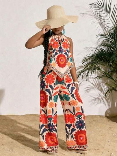 SHEIN Girls' Elegant Casual Vacation Style Spaghetti Strap Loose Tank Top And Wide Leg Pants 2 Pieces Set