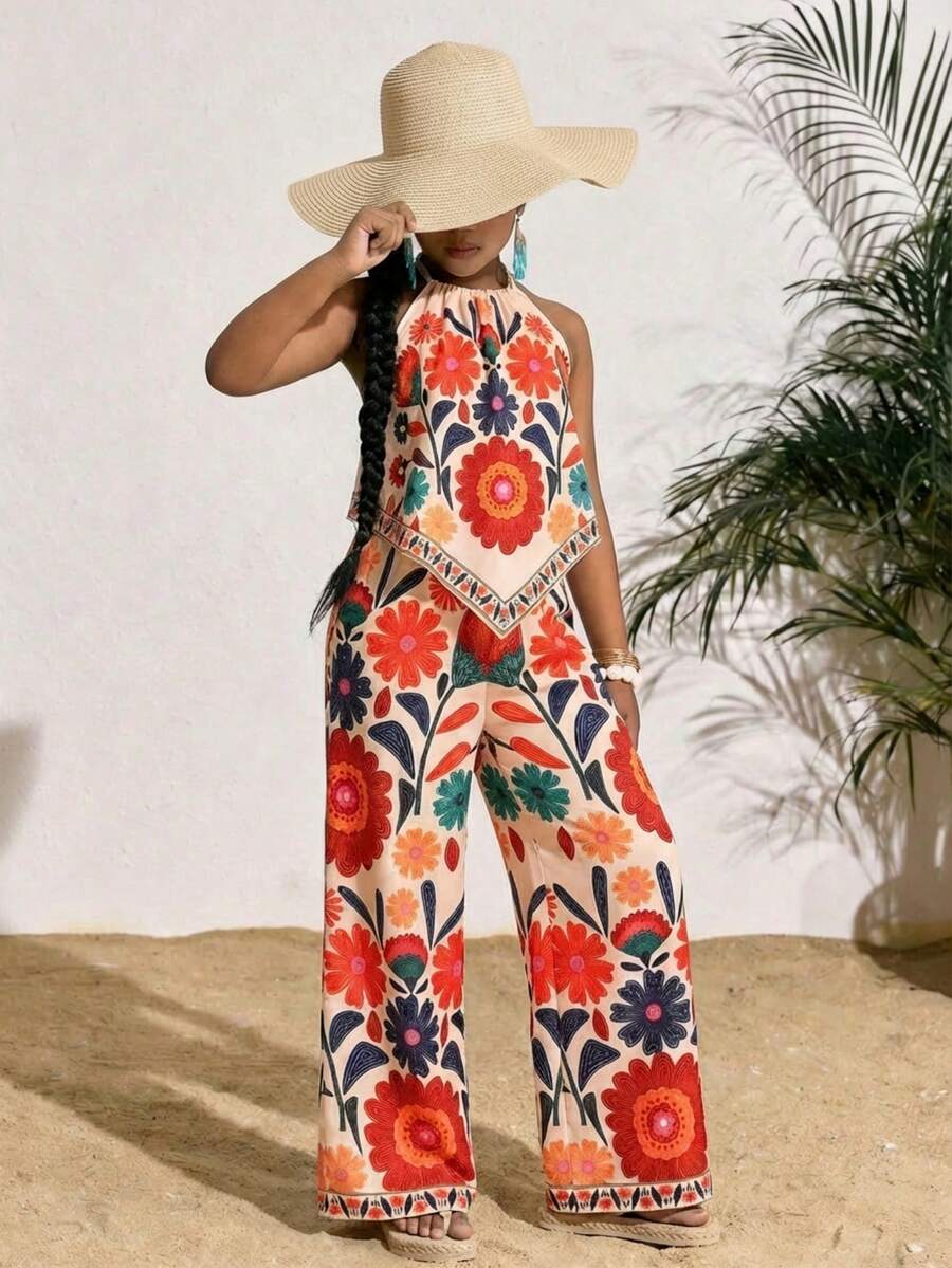 SHEIN Girls' Elegant Casual Vacation Style Spaghetti Strap Loose Tank Top And Wide Leg Pants 2 Pieces Set - Multicolor - View 1