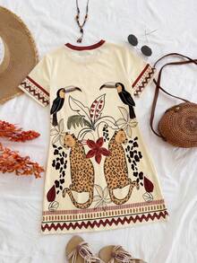 SHEIN Đầm ngắn tay cổ tròn in họa tiết động vật dáng lửng cho bé gái, thích hợp mặc mùa hè. - Nhiều màu - Xem 2