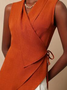 Vesra 女士纯色打结不对称下摆休闲百搭日常衬衫 - 紅木色 - 查看 5