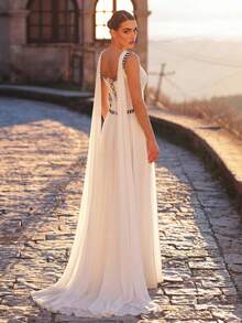 Aureia 优雅、浪漫、时尚、复古杏色雪纺面料，手工绳结装饰，吊带胸衣，宽松裙摆，优雅派对礼服，婚礼宾客礼服，单身派对礼服，正式晚礼服 - 杏色 - 查看 3