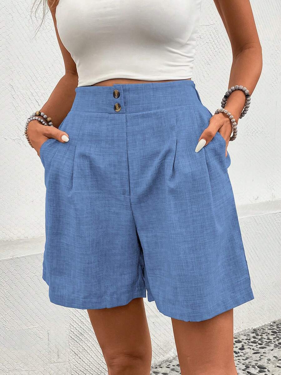 EMERY ROSE Women's Solid Color High Waist Pleated Casual Shorts - Mint Blue - View 1