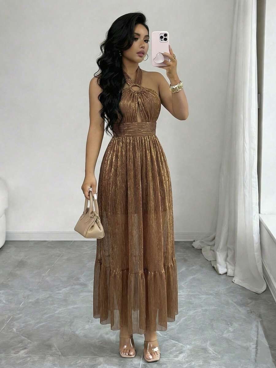 Lyxana Shiny Adjustable Pleated Hollow Sleeveless Metal Decor Elegant Casual Sexy Waisted Dress For Beach, Suitable For Seaside Outfit - Rust Brown - View 1