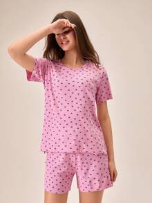 Loomlin Bộ đồ ngủ nữ 2 món bằng cotton, dệt kim gân, màu hồng phối tương phản, họa tiết trái tim, cổ tròn, tay ngắn, áo và quần short, thoải mái, mặc nhà. - Hồng - Xem 3
