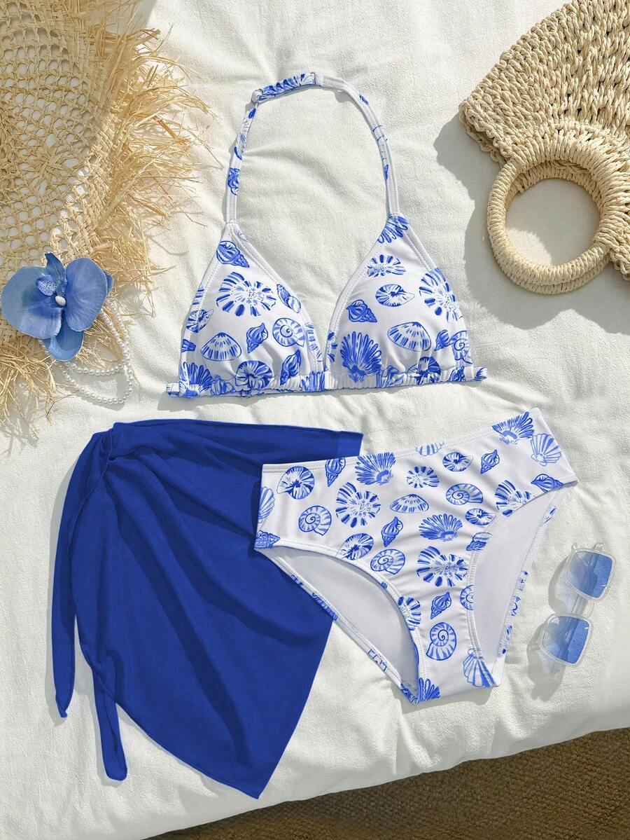SHEIN Bộ bikini in hoa thời trang dễ thương cho bé gái tuổi teen, thích hợp đi biển, hồ bơi, dự tiệc, kỳ nghỉ, bộ đồ bơi ba mảnh mùa xuân/hè. Đồ bơi hai mảnh in hoa màu xanh trắng cho bé gái, bộ bikini cạp cao, bộ bikini kín đáo, trang phục mùa hè cho bé gái, đồ bơi cho thiếu nữ, bộ đồ bơi hai mảnh mùa hè cho bé gái, bộ đồ phối hợp cho bé gái mùa hè, trang phục mùa hè, đồ bơi in hình vỏ sò, bộ bikini buộc cổ, đồ đi biển có áo khoác ngoài. - Màu xanh lam - Xem 1